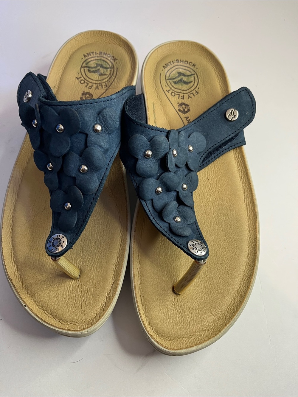 Women's Navy Floral Thong Sandals with Cushioned Beige Footbed